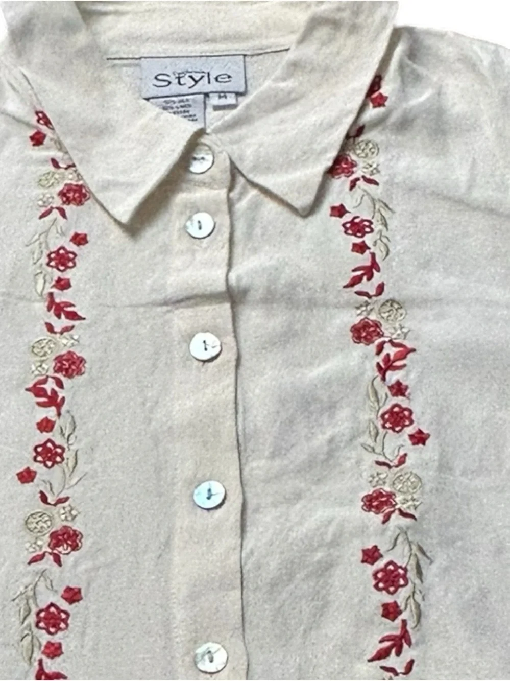 California Style Women’s Ivory Floral Silk Embroidered Bohemian Blouse SZ M EUC - Picture 4 of 12